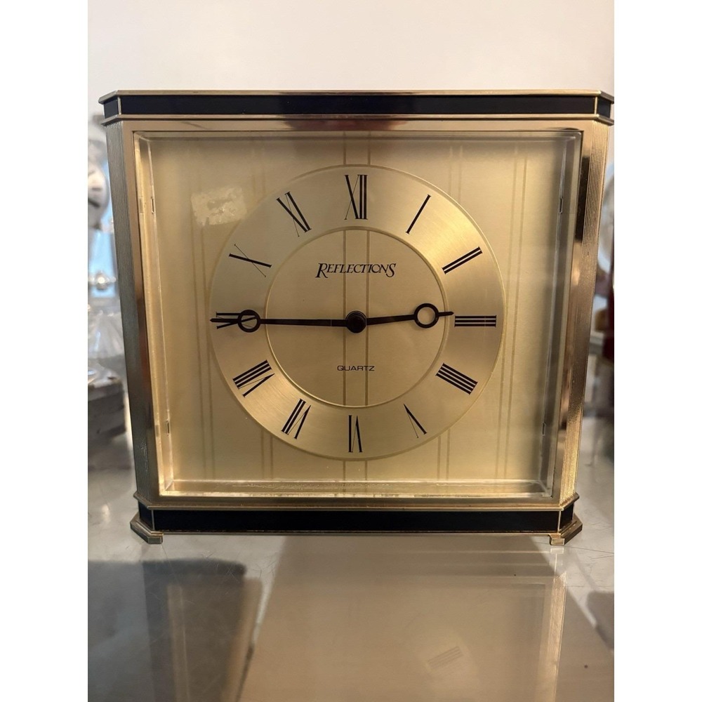 Vintage Reflections Brass & Black Metal Desk Clock Roman Numeral Quartz 8